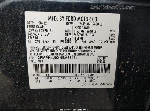 2FMPK4J9XNBA88134 2022 FORD EDGE Blue Вид підкапотного простору