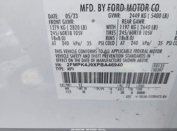 2FMPK4J9XPBA46940 2023 FORD EDGE White Vista del compartimento del motor