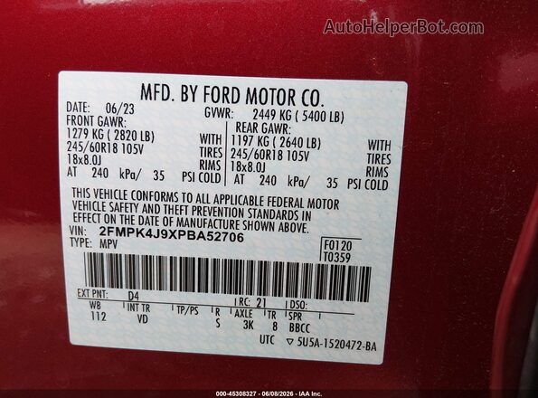 2FMPK4J9XPBA52706 2023 FORD EDGE Red 