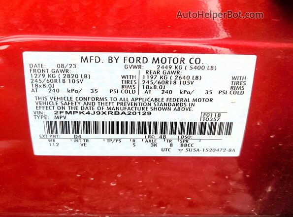2FMPK4J9XRBA20129 2024 FORD EDGE Red Вид наклейки з VIN-кодом