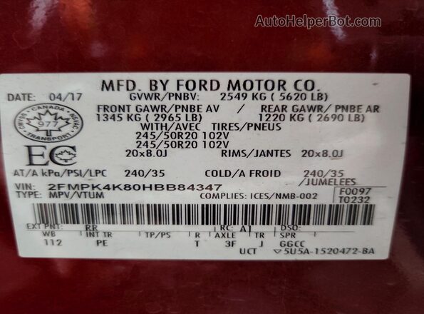2FMPK4K80HBB84347 2017 FORD EDGE Burgundy Vista del compartimento del motor
