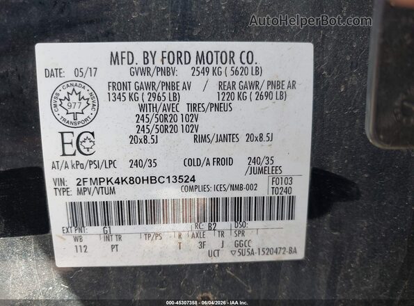2FMPK4K80HBC13524 2017 FORD EDGE Black Շարժիչի բաժամունքի տեսք