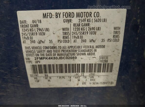 2FMPK4K80JBC02089 2018 FORD EDGE Blue Engine compartment view