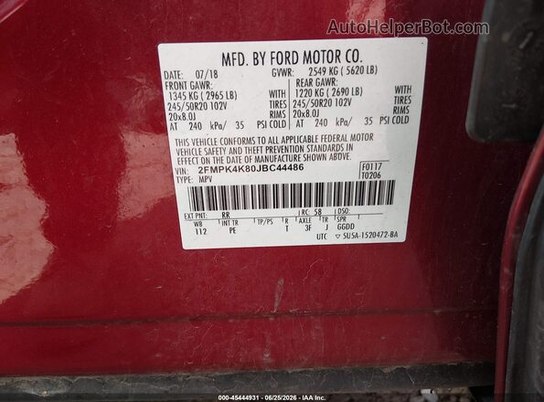 2FMPK4K80JBC44486 2018 FORD EDGE Red Engine compartment view