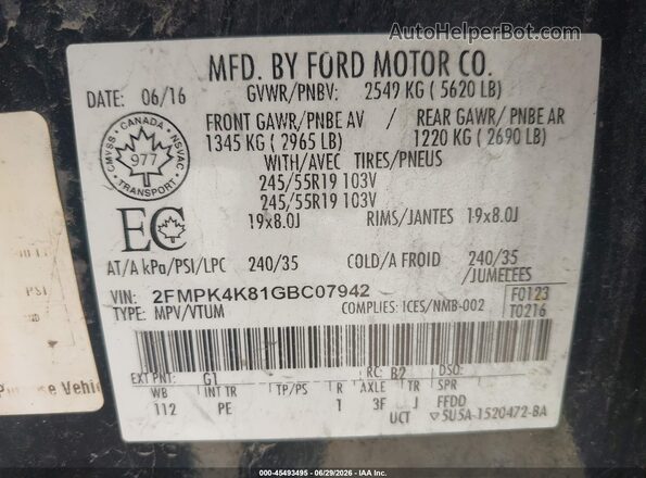 2FMPK4K81GBC07942 2016 FORD EDGE Black Vista del compartimento del motor