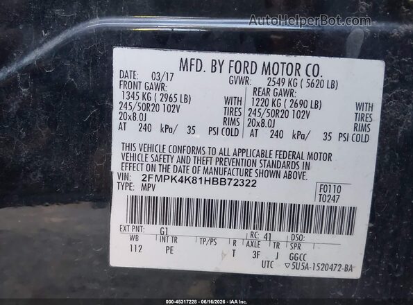 2FMPK4K81HBB72322 2017 FORD EDGE Black Вид підкапотного простору
