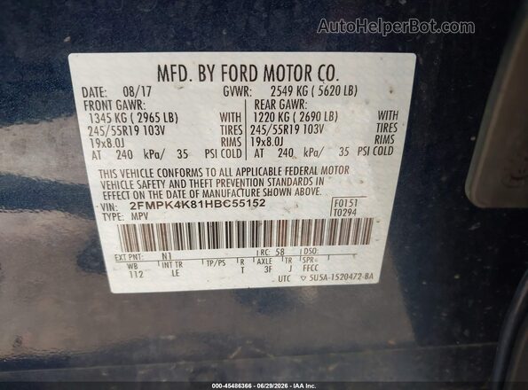 2FMPK4K81HBC55152 2017 FORD EDGE Blue ძრავის განყოფილების ხედი