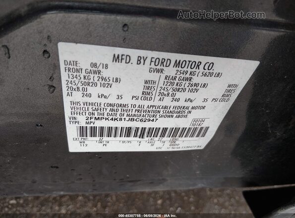 2FMPK4K81JBC62947 2018 FORD EDGE Gray Vista del compartimento del motor