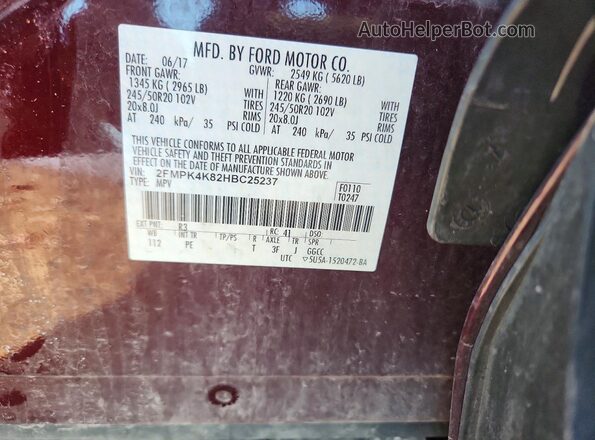 2FMPK4K82HBC25237 2017 FORD EDGE Бордовый Вид подкапотного пространства