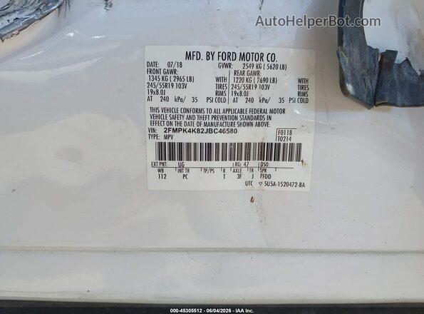 2FMPK4K82JBC46580 2018 FORD EDGE White Շարժիչի բաժամունքի տեսք