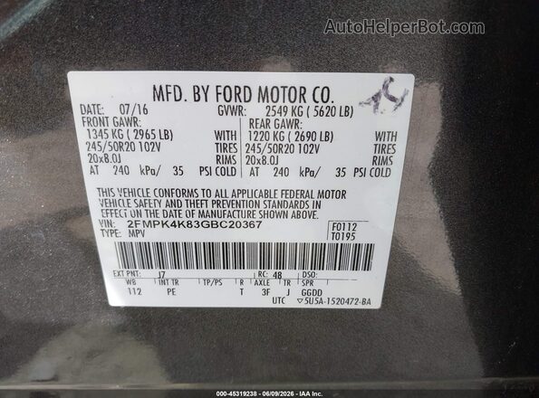 2FMPK4K83GBC20367 2016 FORD EDGE Gray Շարժիչի բաժամունքի տեսք