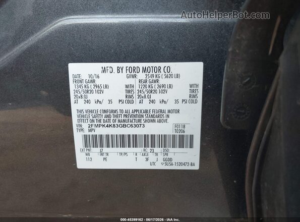 2FMPK4K83GBC63073 2016 FORD EDGE Gray Vista del compartimento del motor