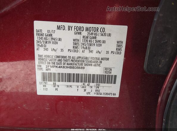 2FMPK4K83HBB35689 2017 FORD EDGE Красный Вид подкапотного пространства