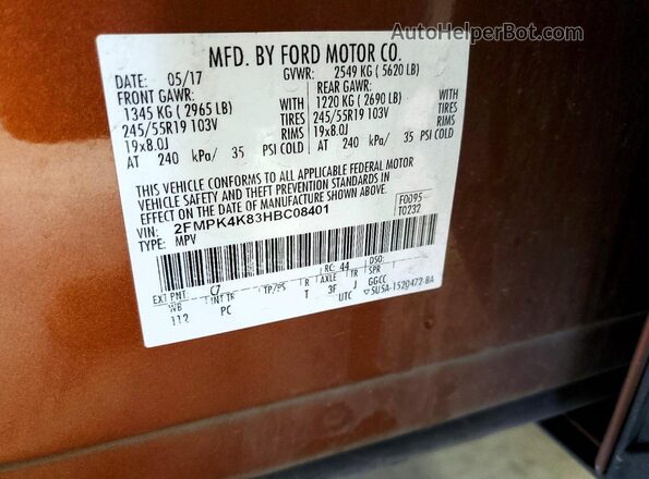 2FMPK4K83HBC08401 2017 FORD EDGE Orange 360 interior view