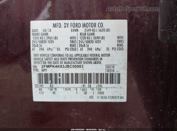 2FMPK4K83JBC00983 2018 FORD EDGE Burgundy ძრავის განყოფილების ხედი