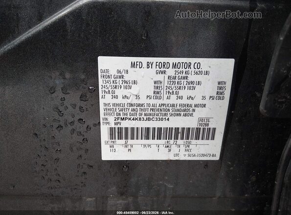 2FMPK4K83JBC33014 2018 FORD EDGE Gray Вид підкапотного простору