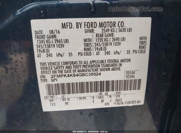 2FMPK4K84GBC35024 2016 FORD EDGE Blue Widok komory silnika