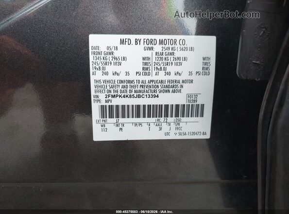 2FMPK4K85JBC13394 2018 FORD EDGE Gray Շարժիչի բաժամունքի տեսք