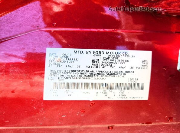 2FMPK4K86HBC22020 2017 FORD EDGE Красный 