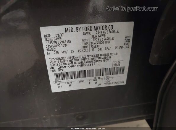 2FMPK4K87HBB68811 2017 FORD EDGE Black Вид підкапотного простору