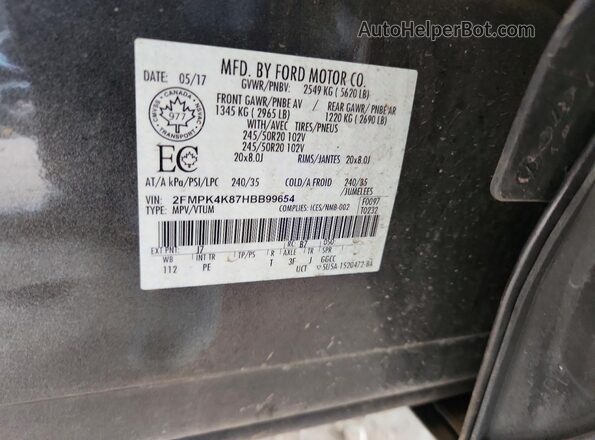 2FMPK4K87HBB99654 2017 FORD EDGE Gray VIN კოდის სტიკერის ხედი
