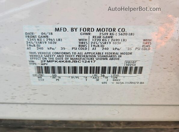 2FMPK4K88JBC12417 2018 FORD EDGE White 