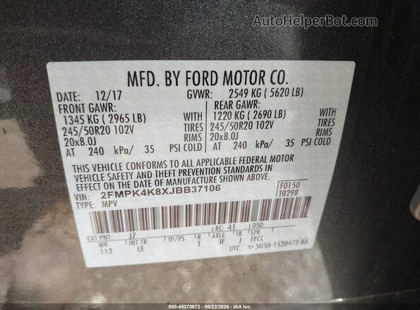 2FMPK4K8XJBB37106 2018 FORD EDGE Gray Engine compartment view