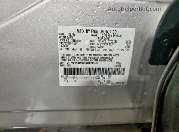 2FMPK4K90GBB96053 2016 FORD EDGE Silver Vista de la etiqueta del VIN