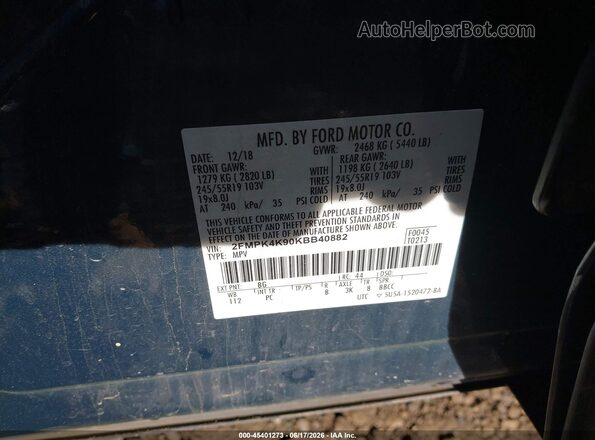 2FMPK4K90KBB40882 2019 FORD EDGE Blue Widok komory silnika