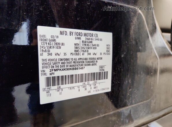 2FMPK4K90KBB61487 2019 FORD EDGE Black Vista de la etiqueta del VIN