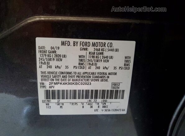 2FMPK4K90KBC02023 2019 FORD EDGE Gray VIN կոդի պիտակի տեսք