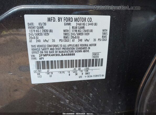 2FMPK4K90LBA68888 2020 FORD EDGE Gray Շարժիչի բաժամունքի տեսք