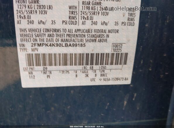 2FMPK4K90LBA99185 2020 FORD EDGE Blue ძრავის განყოფილების ხედი
