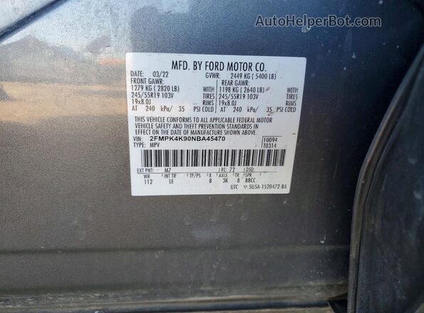 2FMPK4K90NBA45470 2022 FORD EDGE Gray Vista interior de 360 grados