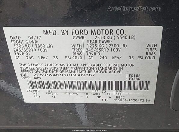 2FMPK4K91HBB89887 2017 FORD EDGE Black Vista del compartimento del motor