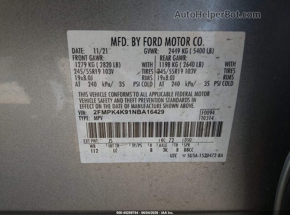 2FMPK4K91NBA16429 2022 FORD EDGE Silver Вид підкапотного простору