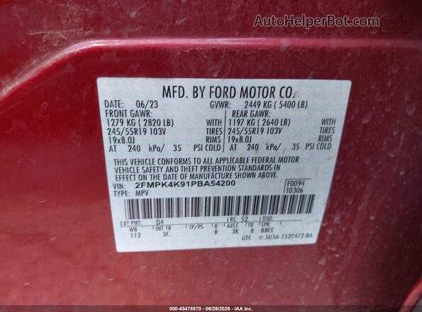 2FMPK4K91PBA54200 2023 FORD EDGE Maroon ძრავის განყოფილების ხედი