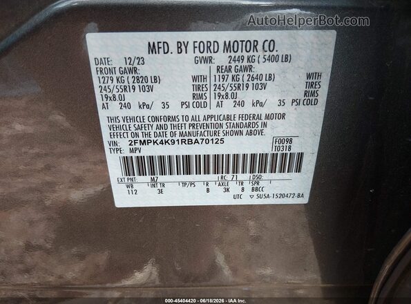 2FMPK4K91RBA70125 2024 FORD EDGE Gray Շարժիչի բաժամունքի տեսք