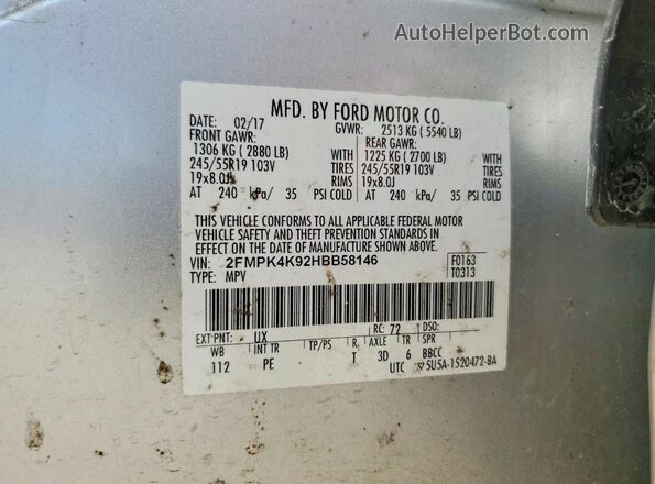 2FMPK4K92HBB58146 2017 FORD EDGE Silver VIN კოდის სტიკერის ხედი