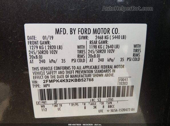 2FMPK4K92KBB52788 2019 FORD EDGE Gray Vista del compartimento del motor
