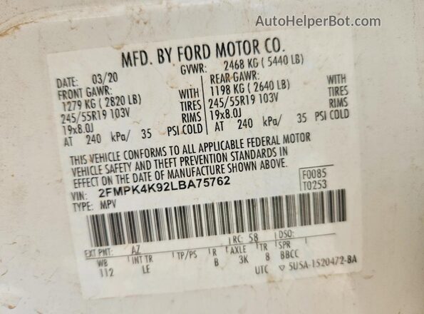 2FMPK4K92LBA75762 2020 FORD EDGE Белый Панорамный вид салона 360°