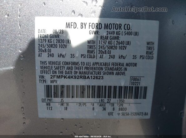 2FMPK4K92RBA12623 2024 FORD EDGE Silver Շարժիչի բաժամունքի տեսք