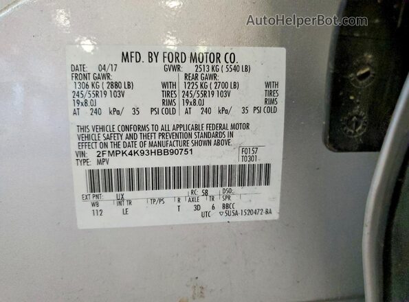 2FMPK4K93HBB90751 2017 FORD EDGE Silver Vista de la etiqueta del VIN