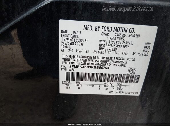 2FMPK4K93KBB56753 2019 FORD EDGE Черный Вид подкапотного пространства