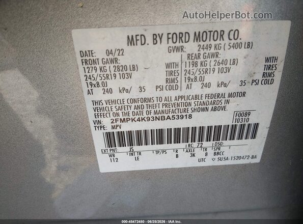 2FMPK4K93NBA53918 2022 FORD EDGE Серый Вид подкапотного пространства