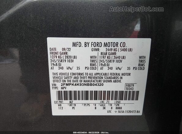 2FMPK4K93NBB04320 2022 FORD EDGE Gray Շարժիչի բաժամունքի տեսք