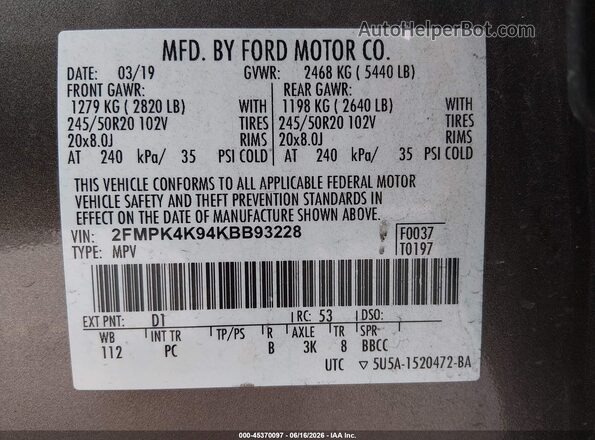 2FMPK4K94KBB93228 2019 FORD EDGE Brown ძრავის განყოფილების ხედი