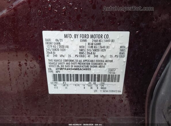 2FMPK4K94MBA34955 2021 FORD EDGE Maroon Vista del compartimento del motor