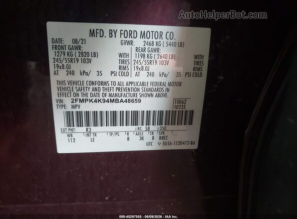 2FMPK4K94MBA48659 2021 FORD EDGE Темно-бордовый Вид подкапотного пространства