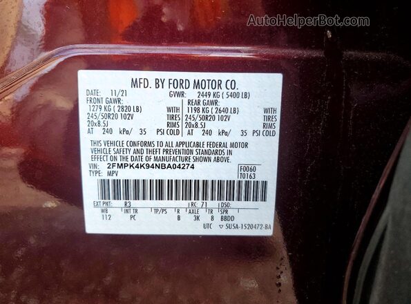 2FMPK4K94NBA04274 2022 FORD EDGE Burgundy Vista de la etiqueta del VIN